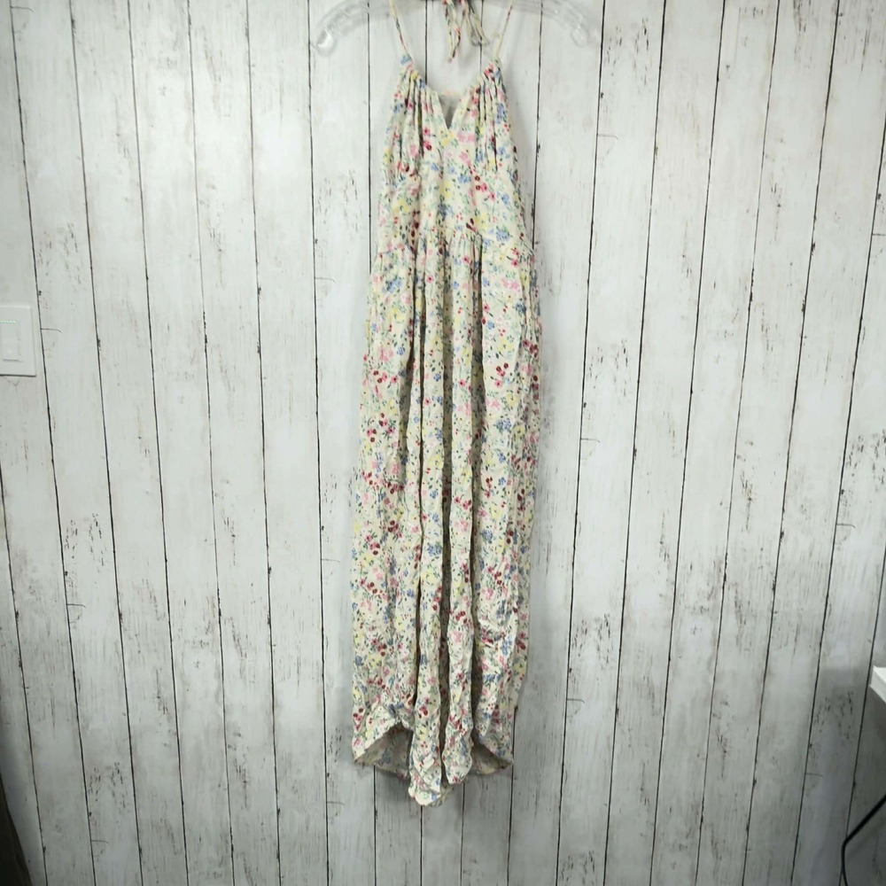 Arizona Jean Co Women's Cream Floral Halter Neck Wide Leg Jumpsuit Size Medium